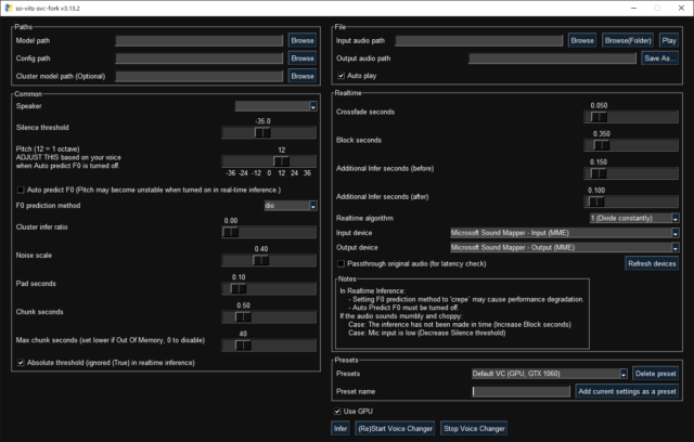 L'interface graphique d'un fork de so-vits-svc.